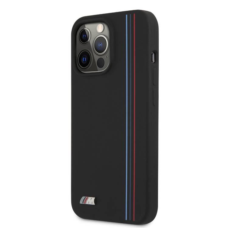CG MOBILE BMW M Collection Liquid Silicone Hard Case Tricolor Vertical Lines Metal Logo Compatible for iPhone 13 Pro Max (6.7") Easy Access to All Ports - Black