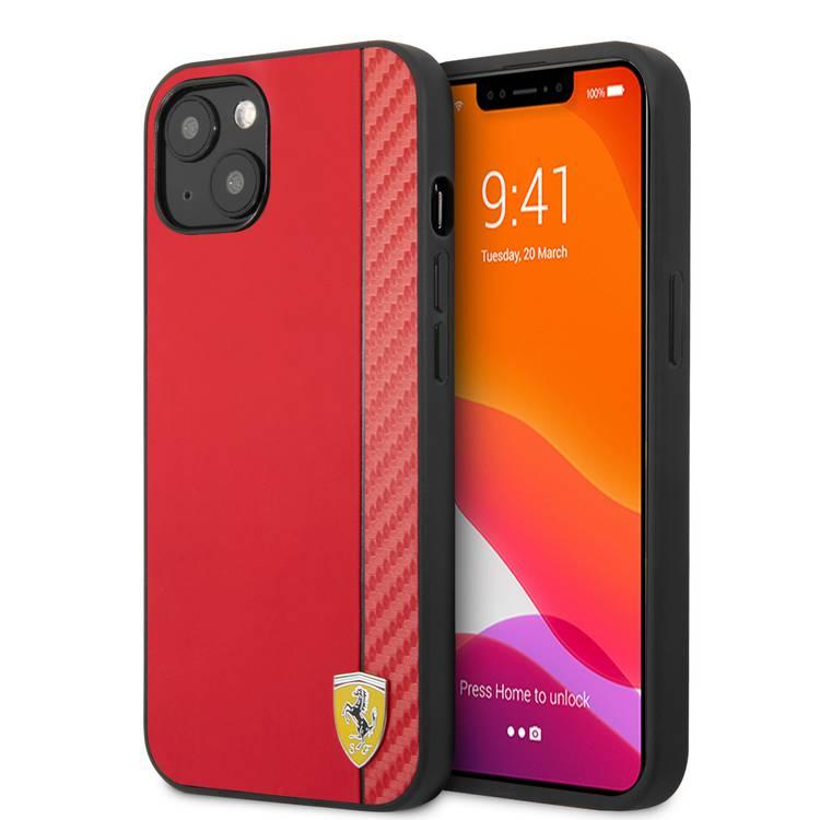 CG MOBILE Ferrari Hard Case PU Smooth & Carbon Effect Vertical Stripe Metal Logo Compatible for iPhone 13 Mini (5.4") Anti-Scratch, Easy Access to All Ports