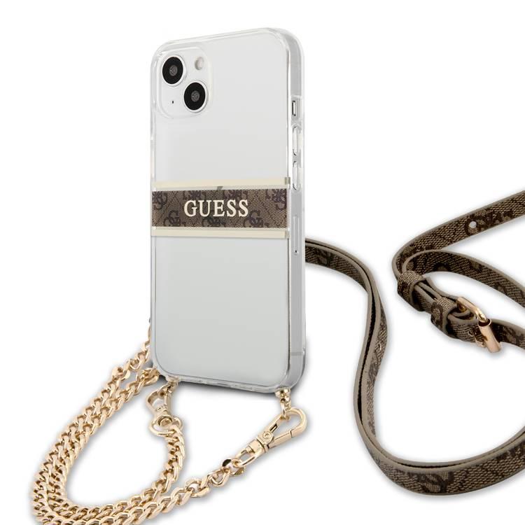 CG MOBILE Guess PC/TPU Transparent Case 4G Stripe with Anti-Lost Crossbody Chain Compatible for iPhone 13 (6.1") Anti-Scratch, Easy Access to All Ports