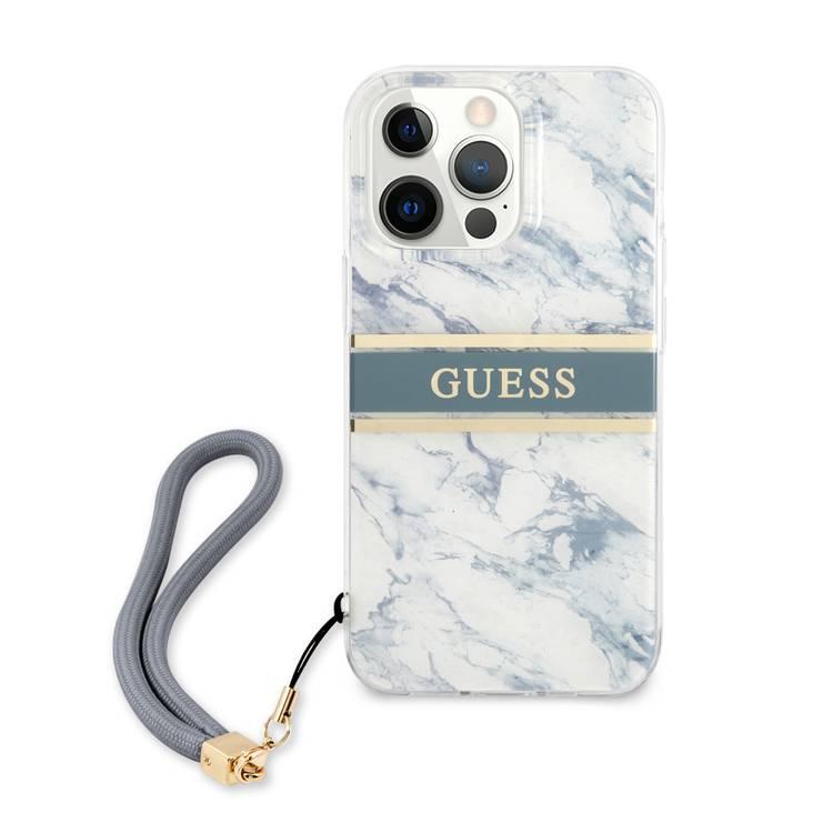 CG MOBILE Guess PC/TPU Case Marble Design & Stripe with Anti-Lost Nylon Strap for iPhone 13 Pro (6.1") Back Cover Suitable with Wireless Chargers Officially Licensed Blue