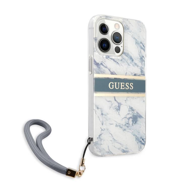 CG MOBILE Guess PC/TPU Case Marble Design & Stripe with Anti-Lost Nylon Strap for iPhone 13 Pro (6.1") Back Cover Suitable with Wireless Chargers Officially Licensed Blue