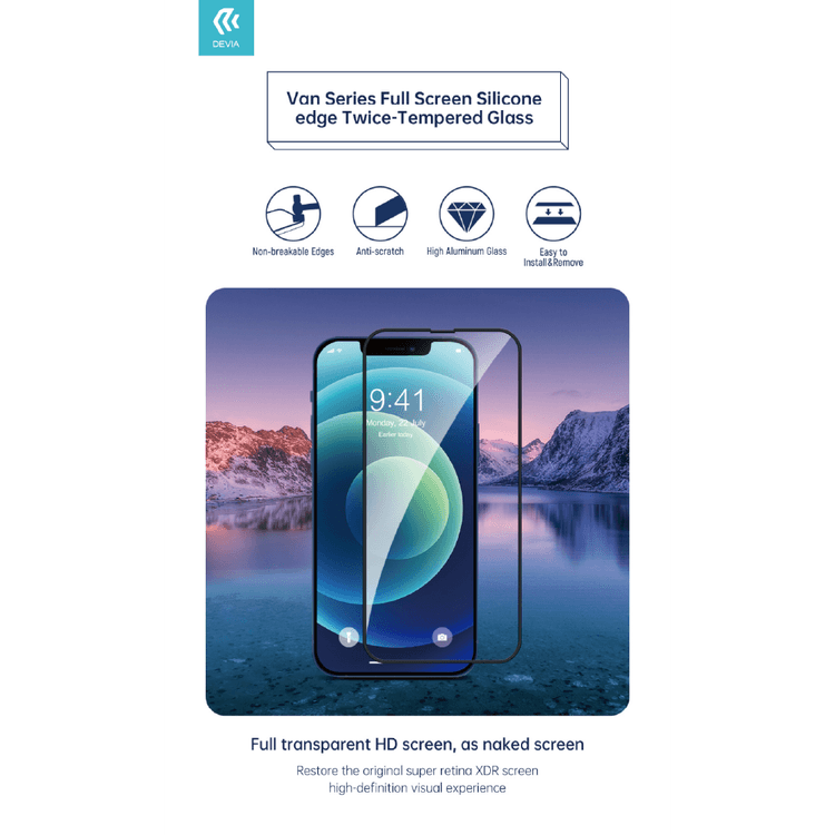 Devia Van Series Full Screen Silicone Edge Twice-Tempered Glass Compatible for iPhone 13 / 13 Pro (6.1") Easy Installation, Anti-Scratch , Screen Guard with Alignment Frame
