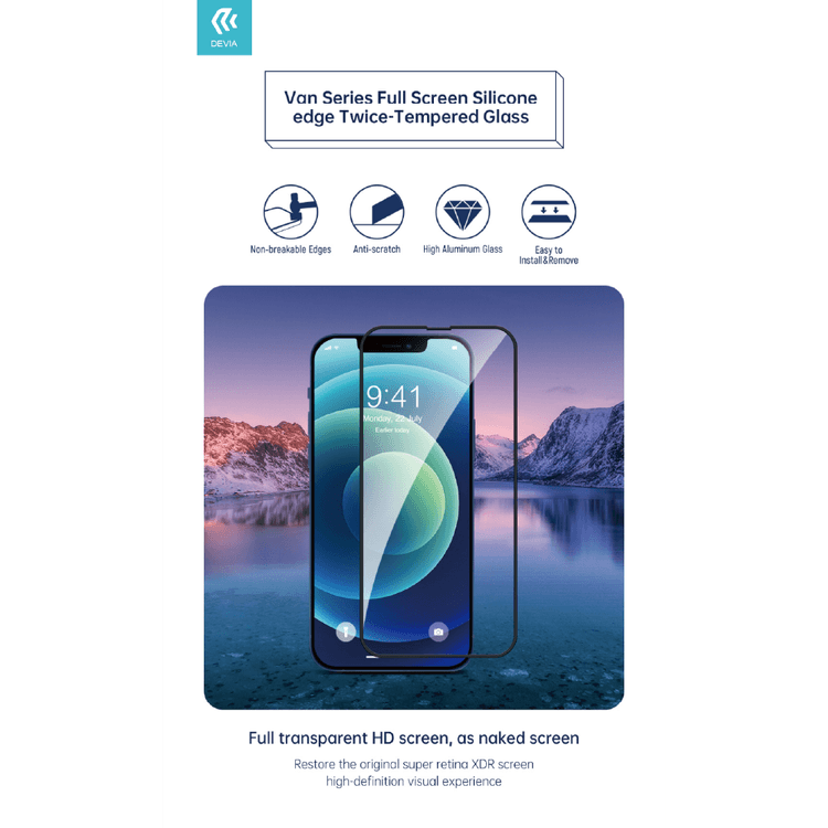 Devia Van Series Full Screen Silicone Edge Twice-Tempered Glass Compatible for iPhone 13 Pro Max (6.7") Easy Installation, Anti-Scratch , Screen Guard with Alignment Frame, Full Coverage Screen Protector