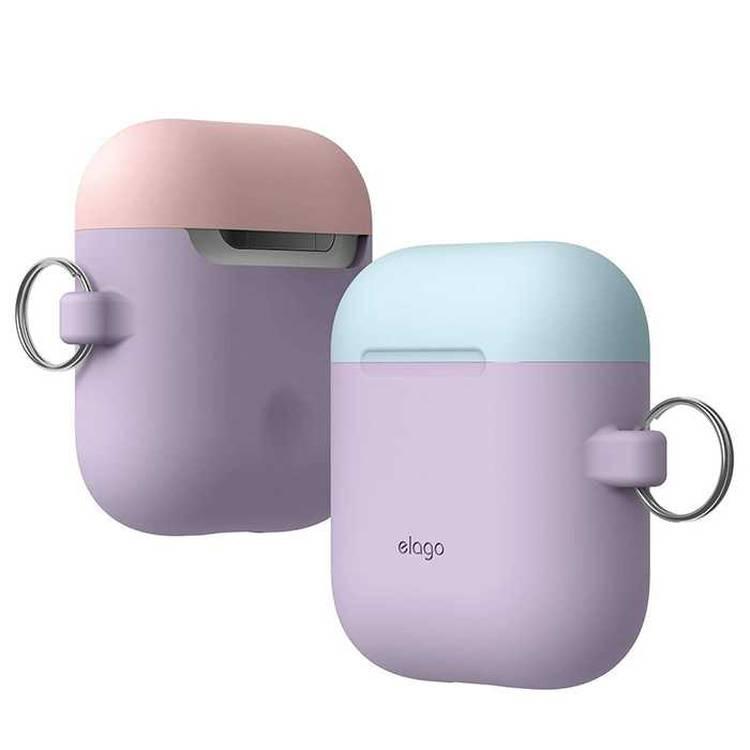 Elago Duo Hang Case for Airpods, With Metal Carabiner, Impact Resistant & Scratch Resistant, Fits Perfectly w/out Interfering Charging - Body-Lavender / Top-Pink,Pastel Blue