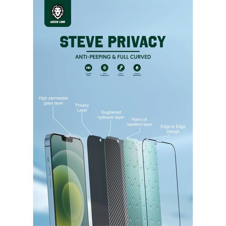 جرين ليون واقي شاشة زجاجي كامل الخصوصية 9H Steve Privacy متوافق مع ايفون 13/13 برو ، تصميم مضاد للانعكاس ، مضاد للخدش ، مقاوم للزيت والأوساخ ، مقاوم لبصمات الأصابع - أسود