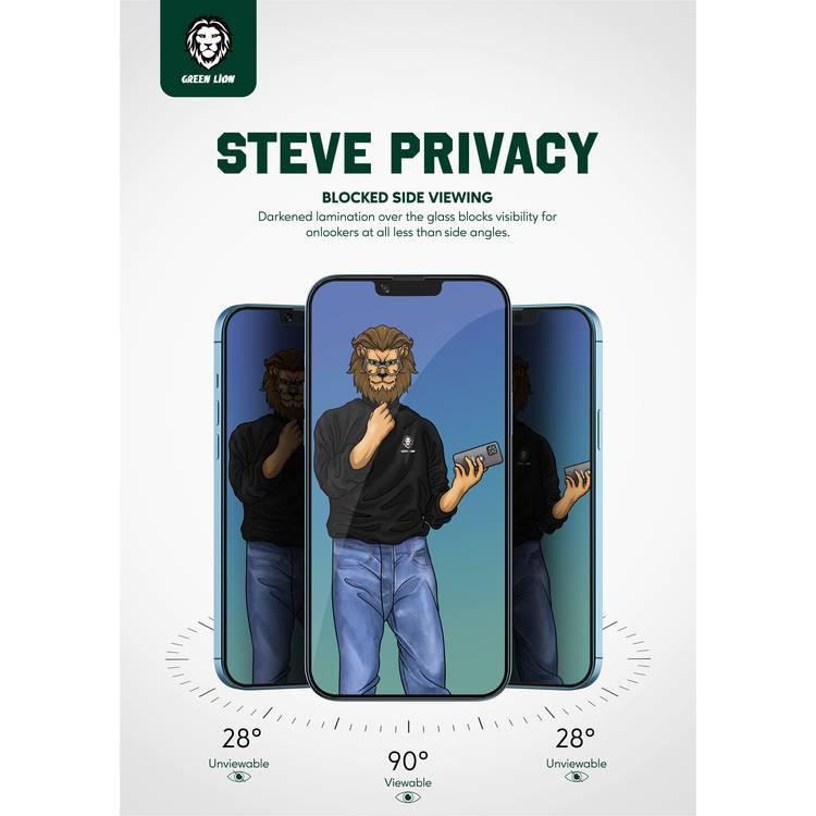 جرين ليون واقي شاشة زجاجي كامل الخصوصية 9H Steve Privacy متوافق مع ايفون 13/13 برو ، تصميم مضاد للانعكاس ، مضاد للخدش ، مقاوم للزيت والأوساخ ، مقاوم لبصمات الأصابع - أسود