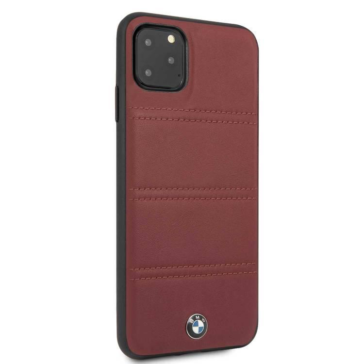 BMW Hard Case Leather Horizontal Lines Compatible w/ iPhone 11 Pro Max, Complete Protection, Easy Access to All Ports,Raised Edge to Protect Camera - Burgundy