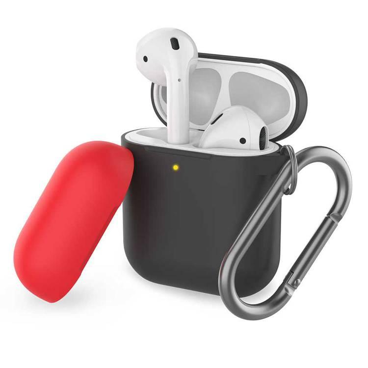 جراب AhaStyle Keychain الإصدار ذو اللونين من السيليكون مع حلقة مضادة للفقد متوافقة مع AirPods 1/2 Generation، مقاوم للخدش والسقوط، مقاوم للغبار - أسود / أحمر