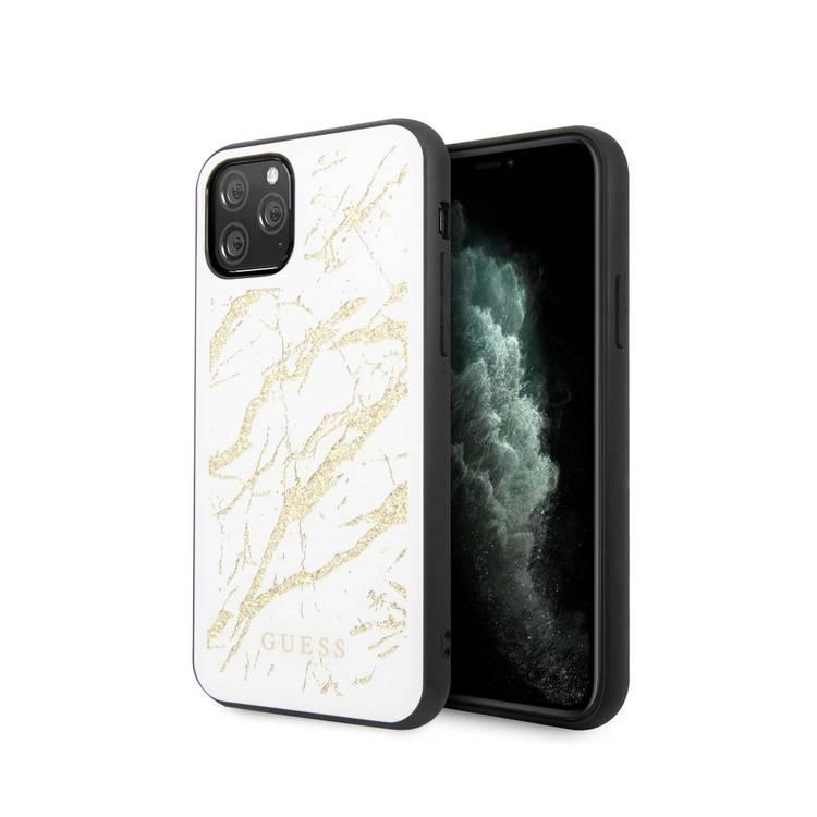 CG MOBILE Guess PC/TPU Layer Gold Glitter Marble Phone Case Compatible with iPhone 11 Pro (5.8") Supports Wireless Charging Officially Licensed - White