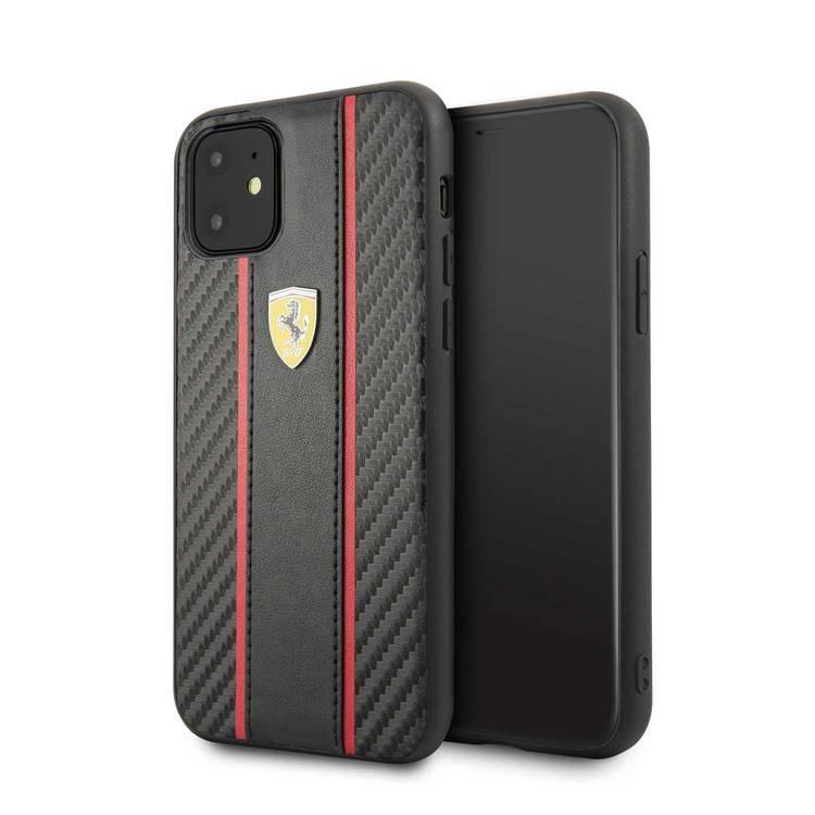 CG MOBILE Ferrari Carbon PU Leather Hard Phone Case Compatible for iPhone 11 (6.1") Drop Protection Mobile Case Officially Licensed - Black