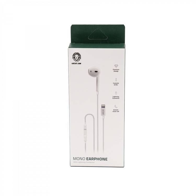 Green Lion Mono Earphones with Lightning Connector, Aux Connector with High-Clarify Mic, Headphone Volume Control, Wired Headset - White