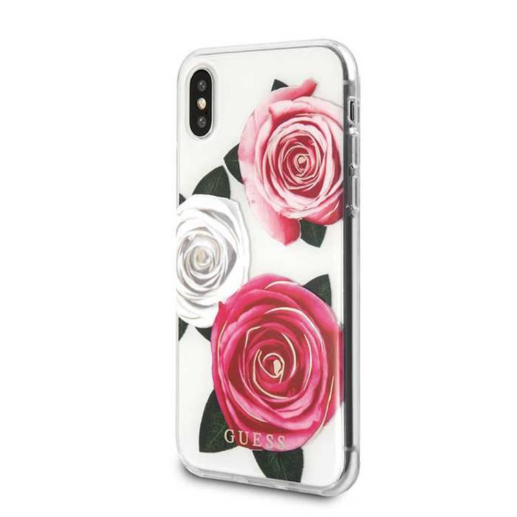 Guess Flower Desire Transparent Hard Case for iPhone X / Xs, Full Protection Case, Shock Absorption Back Cover - Tricolor Roses