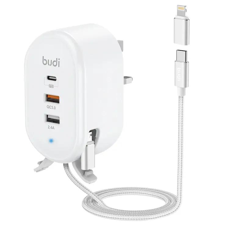 Budi Home Charger With USB-C Cable / Lightning & Micro Adapter - White