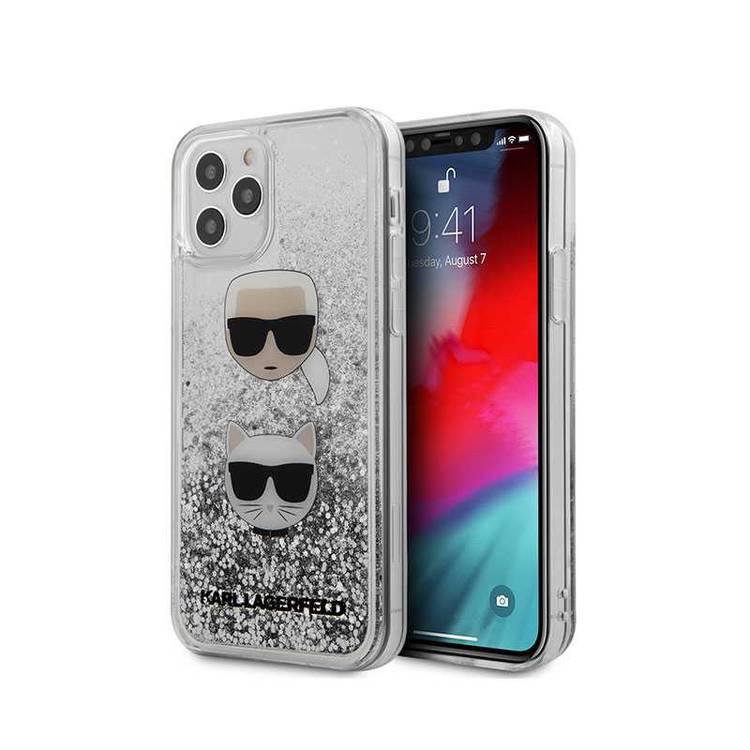 Karl Lagerfeld Liquid Glitter Case Karl and Choupette Heads for Apple iPhone 12 / 12 Pro (6.1 ) - Silver