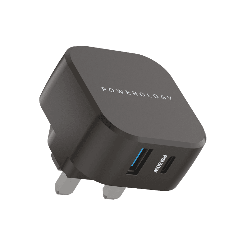 Powerology Dual Port Ultra-Compact Quick Wall Charger USB-A 18W + PD 30W - Black