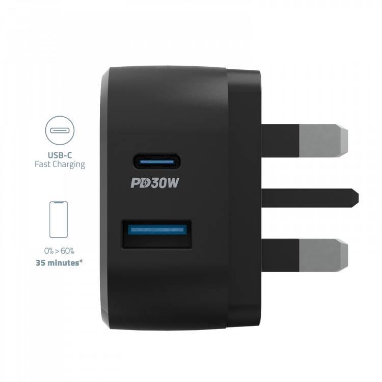 Powerology Dual Port Ultra-Compact Quick Wall Charger USB-A 18W + PD 30W - Black