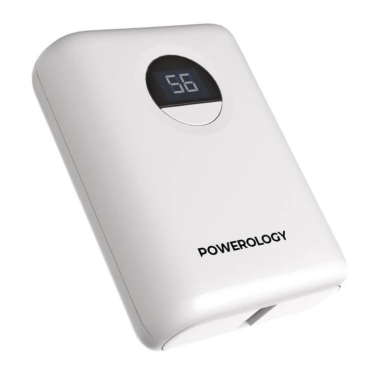 Powerology 10000mAh Power Bank with PD 20W, Power Dash 3.0, Ultra Compact & Light Design, Digital Display - White