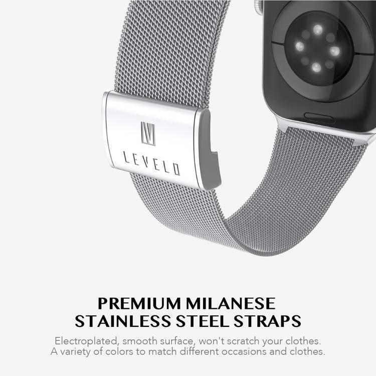 LEVELO Double Milanese Watch Strap Compatible for Apple Watch 42mm/44mm/45mm | Stainless Steel Replacement Band | Adjustable Magnetic Loop Strap for Watch Series 7/SE/6/5 - Silver