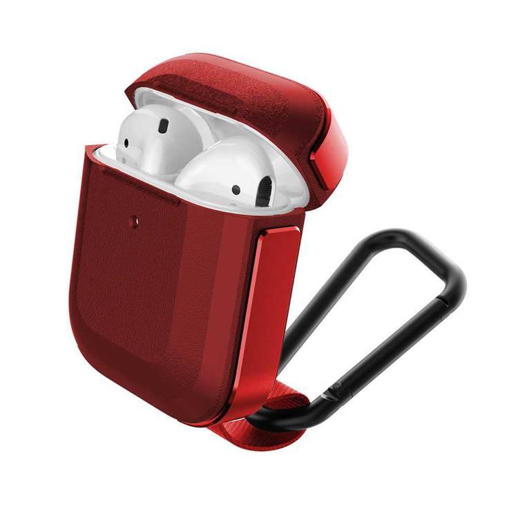 X-Doria Defense Trek Aluminum Bumper Case with Anti-Lost Carabiner & Loop Compatible for AirPods 1 & 2 - Sleek Design Cover - 360 Degree Protection - Charging Light Visible - Red