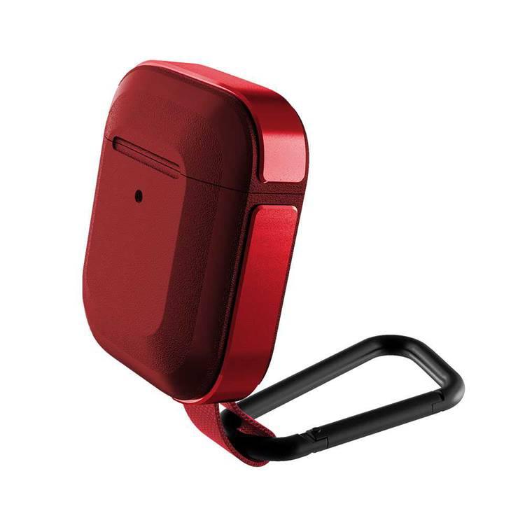 X-Doria Defense Trek Aluminum Bumper Case with Anti-Lost Carabiner & Loop Compatible for AirPods 1 & 2 - Sleek Design Cover - 360 Degree Protection - Charging Light Visible - Red