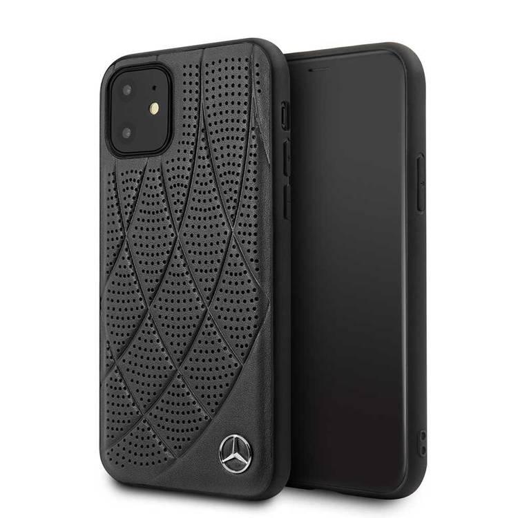 CG MOBILE Mercedes-Benz Quilted Perforated Genuine Leather Hard Phone Case for iPhone 11 Officially Licensed - Black