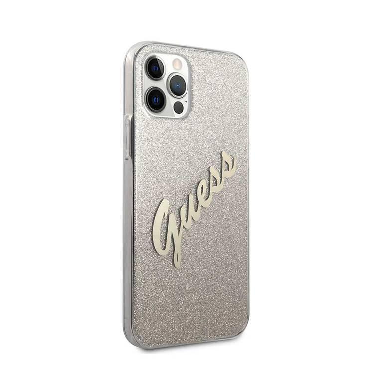 CG MOBILE Guess HC PC/TPU Script Glitter Back Shield Hard Phone Case Compatible for Apple iPhone 12 Pro Max (6.7") Shock-Absorption Mobile Case Officially Licensed - Gradient Gold