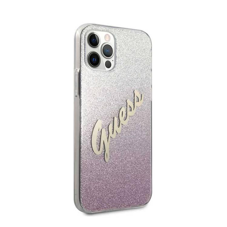 CG MOBILE Guess HC PC/TPU Script Glitter Back Shield Hard Phone Case Compatible for Apple iPhone 12 Pro Max (6.7") Shock-Absorption Mobile Case Officially Licensed - Gradient Pink