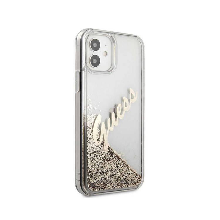 CG MOBILE Guess Liquid Glitter Script Hard Phone Case Compatible for iPhone 12 Mini (5.4") Shock Resistant Mobile Case Officially Licensed - Vintage Gold