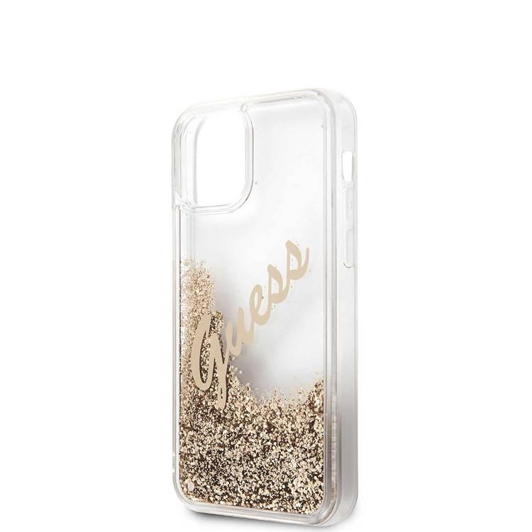 CG MOBILE Guess Liquid Glitter Script Hard Phone Case Compatible for iPhone 12 Mini (5.4") Shock Resistant Mobile Case Officially Licensed - Vintage Gold