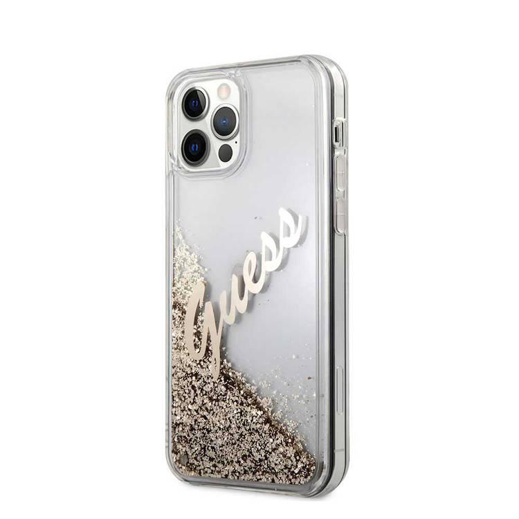 CG MOBILE Guess Liquid Glitter Script Hard Phone Case Compatible for iPhone 12 Pro Max (6.7") Shock Resistant Mobile Case Officially Licensed - Vintage Gold