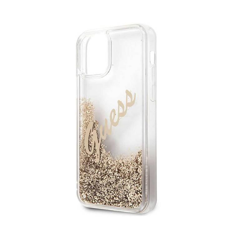 CG MOBILE Guess Liquid Glitter Script Hard Phone Case Compatible for iPhone 12 Pro Max (6.7") Shock Resistant Mobile Case Officially Licensed - Vintage Gold