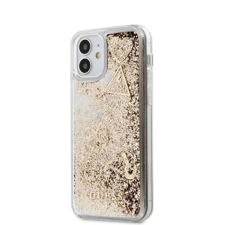 CG MOBILE Guess Liquid Glitter "HEARTS" Charms Hard Phone Case Compatible for iPhone 12 Mini (5.4") Shock-Absorption Mobile Case Officially Licensed - Gold