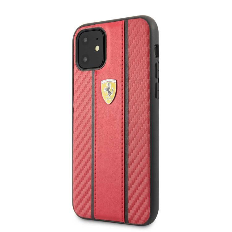CG MOBILE Ferrari Carbon PU Leather Hard Phone Case Compatible for iPhone 11 (6.1") Drop Protection Mobile Case Officially Licensed - Red