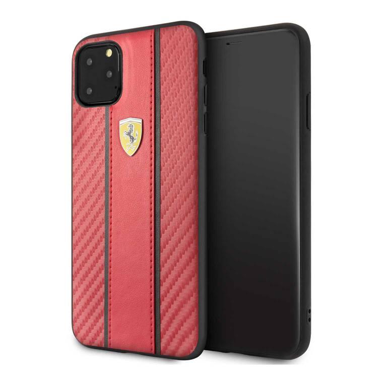 CG MOBILE Ferrari Carbon PU Leather Hard Phone Case Compatible for iPhone 11 Pro Max (6.5") Drop Protection Mobile Case Officially Licensed - Red