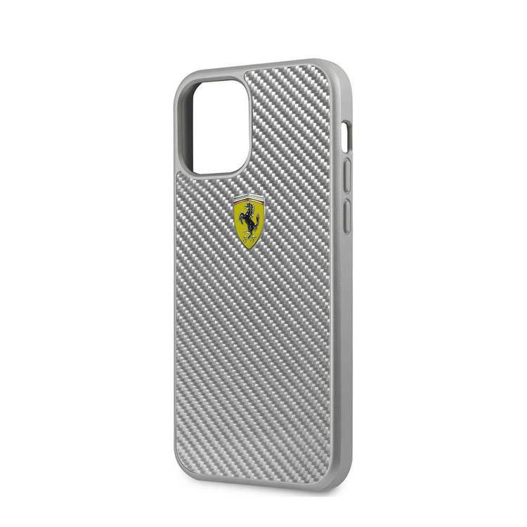CG MOBILE Ferrari On Track Carbon Metal Logo Hard Phone Case Compatible for iPhone 12 Pro Max (6.7") Mobile Case Officially Licensed - Silver