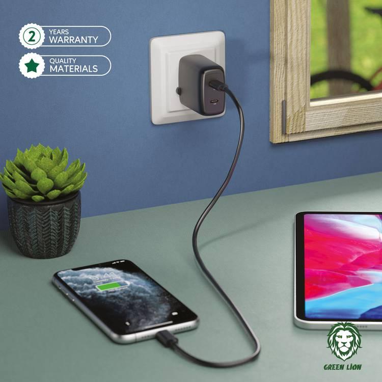 Green Lion Dual Port USB-C Wall Charger 40W UK - Black