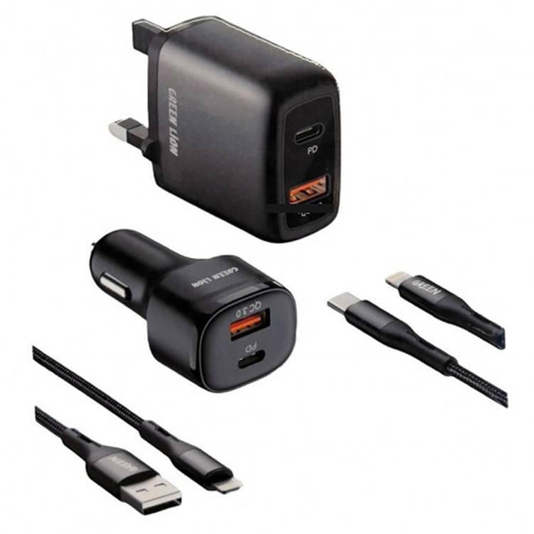 Green Lion 4 in 1 Combo Car Charger & Wall  Charger  with  Multi-Port Fast Charging - Black