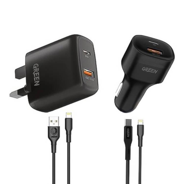 Green Lion 4 in 1 Combo Car Charger & Wall  Charger  with  Multi-Port Fast Charging - Black