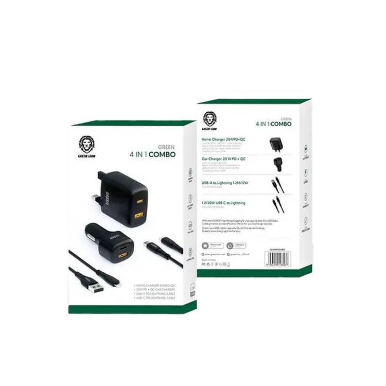 Green Lion 4 in 1 Combo Car Charger & Wall  Charger  with  Multi-Port Fast Charging - Black