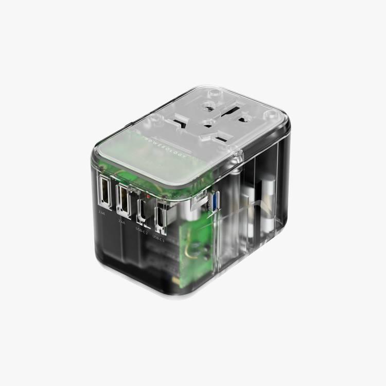 Powerology 65W PD Universal Multi-Port Travel Adapter with Triple USB-C Output - Transparent