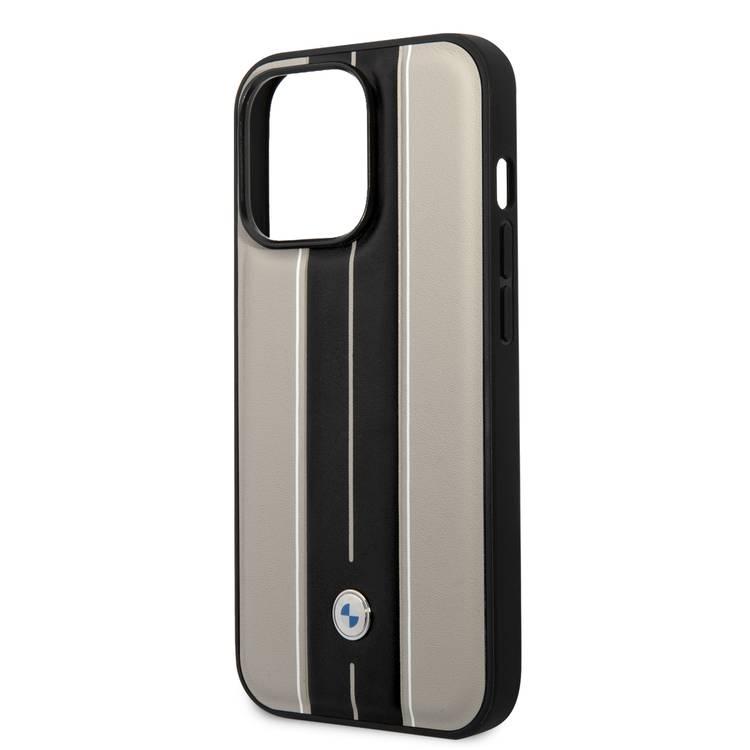 BMW Signature Collection Genuine Leather Case with Hot Stamp Lines iPhone 14 Plus Compatibility - Beige