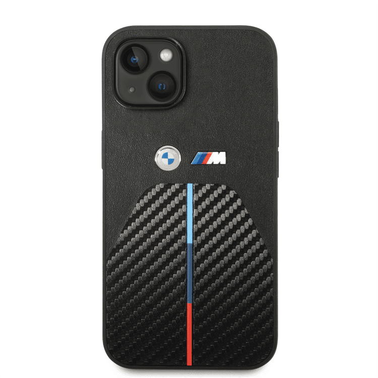 BMW M Collection Quilted PU Carbon Case with Hot Stamped Tricolor Stripe & Metal Logos iPhone 14 Plus Compatibility - Black