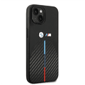 BMW M Collection Quilted PU Carbon Case with Hot Stamped Tricolor Stripe & Metal Logos iPhone 14 Plus Compatibility - Black