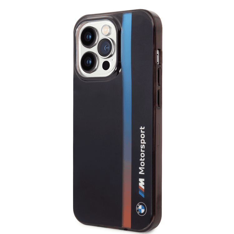 BMW Motorsport Collection PC/TPU IML Case with Printed Tricolor Fading Stripe iPhone 14 Pro Max Compatibility - Black