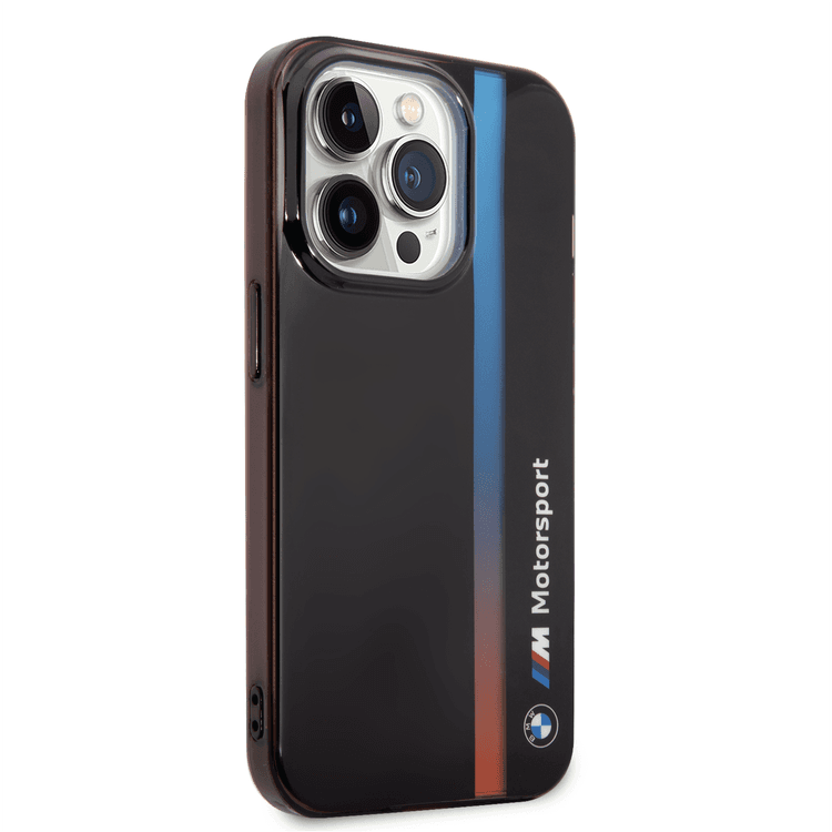 BMW Motorsport Collection PC/TPU IML Case with Printed Tricolor Fading Stripe iPhone 14 Pro Max Compatibility - Black