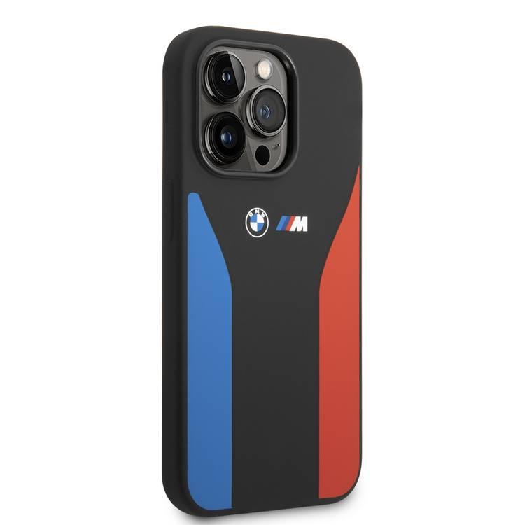 BMW M Collection Liquid Silicone Case with Tricolor Print & Logo Lightweight iPhone 14 Pro Max Compatibility - Black