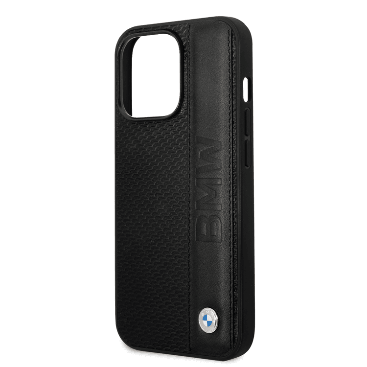 BMW Signature Collection Genuine Leather Case with Textured & Big Logo Stripe iPhone 14 Pro Max Compatibility - Black
