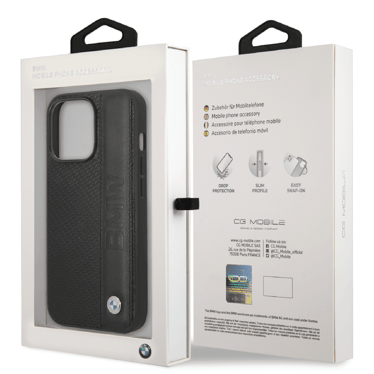 BMW Signature Collection Genuine Leather Case with Textured & Big Logo Stripe iPhone 14 Pro Max Compatibility - Black