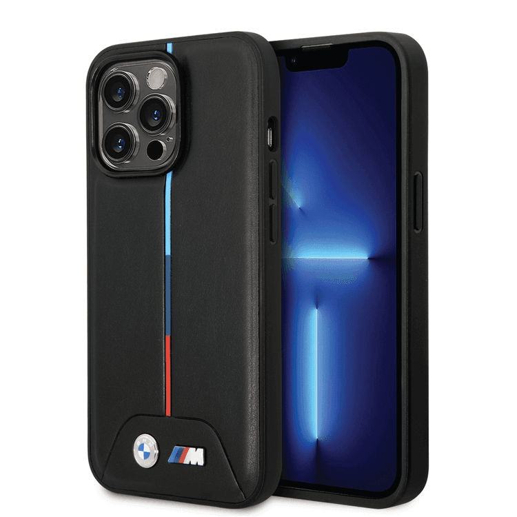 BMW M Collection Quilted PU Case with Hot Stamped Tricolor Stripe and Printed Logo iPhone 14 Pro Max Compatibility - Black