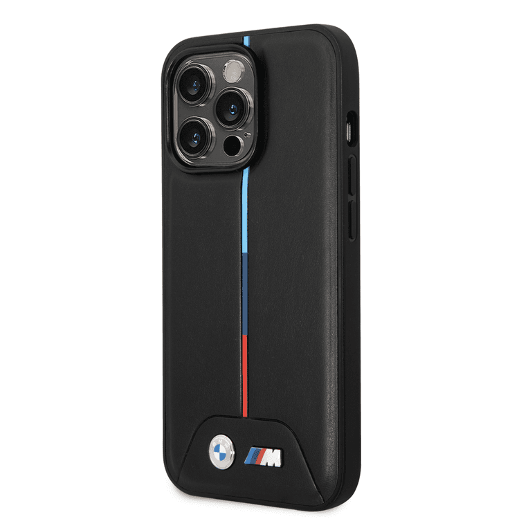 BMW M Collection Quilted PU Case with Hot Stamped Tricolor Stripe and Printed Logo iPhone 14 Pro Max Compatibility - Black